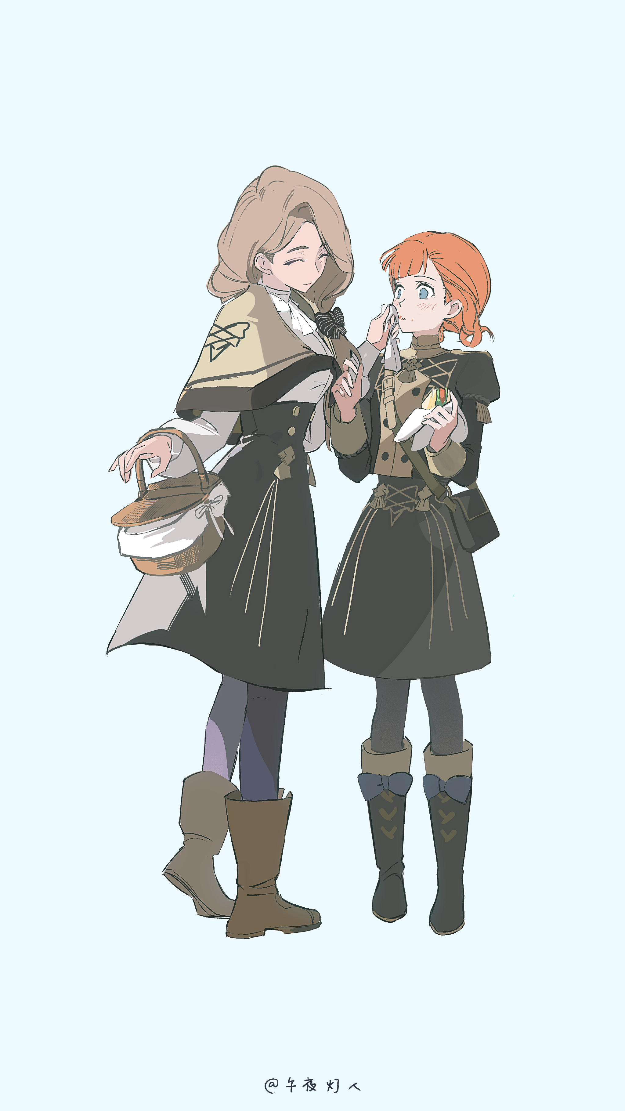 artuvia, annette fantine dominic, mercedes von martritz, fire emblem, fire emblem: three houses, nintendo, absurdres, highres, 2girls, basket, blonde hair, blue eyes, blue pantyhose, blush, boots, bow, breasts, brown capelet, capelet, closed eyes, closed mouth, dress, food, garreg mach monastery uniform, hair bow, hair over shoulder, holding, holding basket, holding food, holding sandwich, long hair, long sleeves, medium breasts, multiple girls, napkin, orange hair, pantyhose, sandwich, short hair, simple background, smile, wiping face
