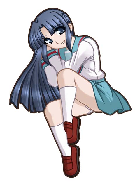 ooba kou, asakura ryoko, suzumiya haruhi no yuuutsu, 00s, 1girl, blue eyes, blue hair, female focus, long hair, matching hair/eyes, panties, pantyshot, school uniform, serafuku, simple background, skirt, socks, solo, underwear