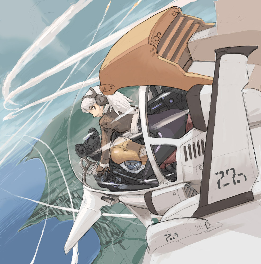 pota, pota (nabrinko), original, 1girl, aircraft, airplane, female focus, gunship, pilot, solo, white hair