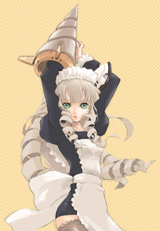 pota, pota (nabrinko), original, 1girl, brown thighhighs, cowboy shot, drill, drill hair, female focus, long hair, maid, solo, thighhighs, very long hair, yellow background