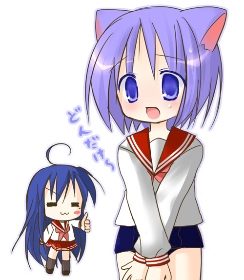 hiiragi tsukasa, izumi konata, lucky star, 00s, animal ears, cat ears, school uniform, serafuku