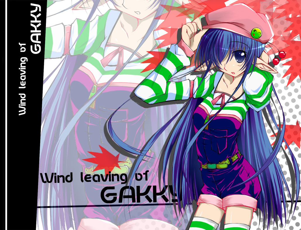 gakky, blue eyes, blue hair, hat, long hair, pointy ears, solo, striped clothes, striped thighhighs, thighhighs