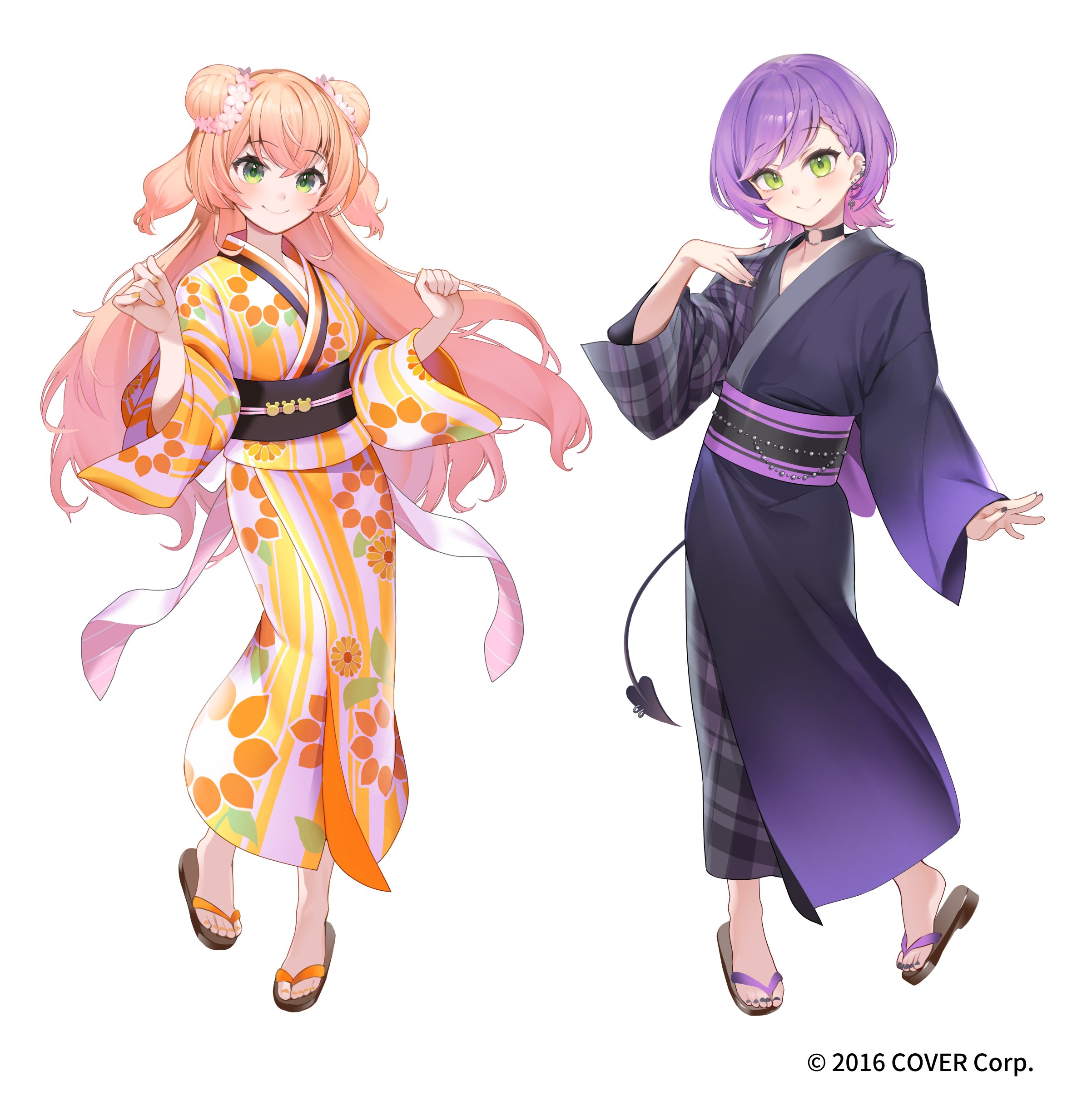 dokkumaa, momosuzu nene, tokoyami towa, hololive, absurdres, commentary request, highres, official art, 2girls, alternate costume, black kimono, black nails, black sash, blonde hair, bob cut, braid, braided bangs, choker, closed mouth, copyright notice, crossed bangs, demon girl, demon tail, double-parted bangs, double bun, earclip, earrings, floral print, floral print kimono, flower, gradient clothes, gradient hair, gradient kimono, green eyes, hair between eyes, hair bun, hair flower, hair ornament, hand up, hands up, japanese clothes, jewelry, kimono, long hair, looking at viewer, multicolored hair, multiple girls, nail polish, o-ring, o-ring choker, official alternate hairstyle, orange nails, piercing, pink hair, plaid clothes, plaid kimono, print kimono, purple hair, purple kimono, sandals, sash, short hair, side up bun, simple background, smile, swept bangs, tail, tail ornament, tail piercing, toenail polish, toenails, toes, two side up, virtual youtuber, white background, yellow kimono, yukata, zouri