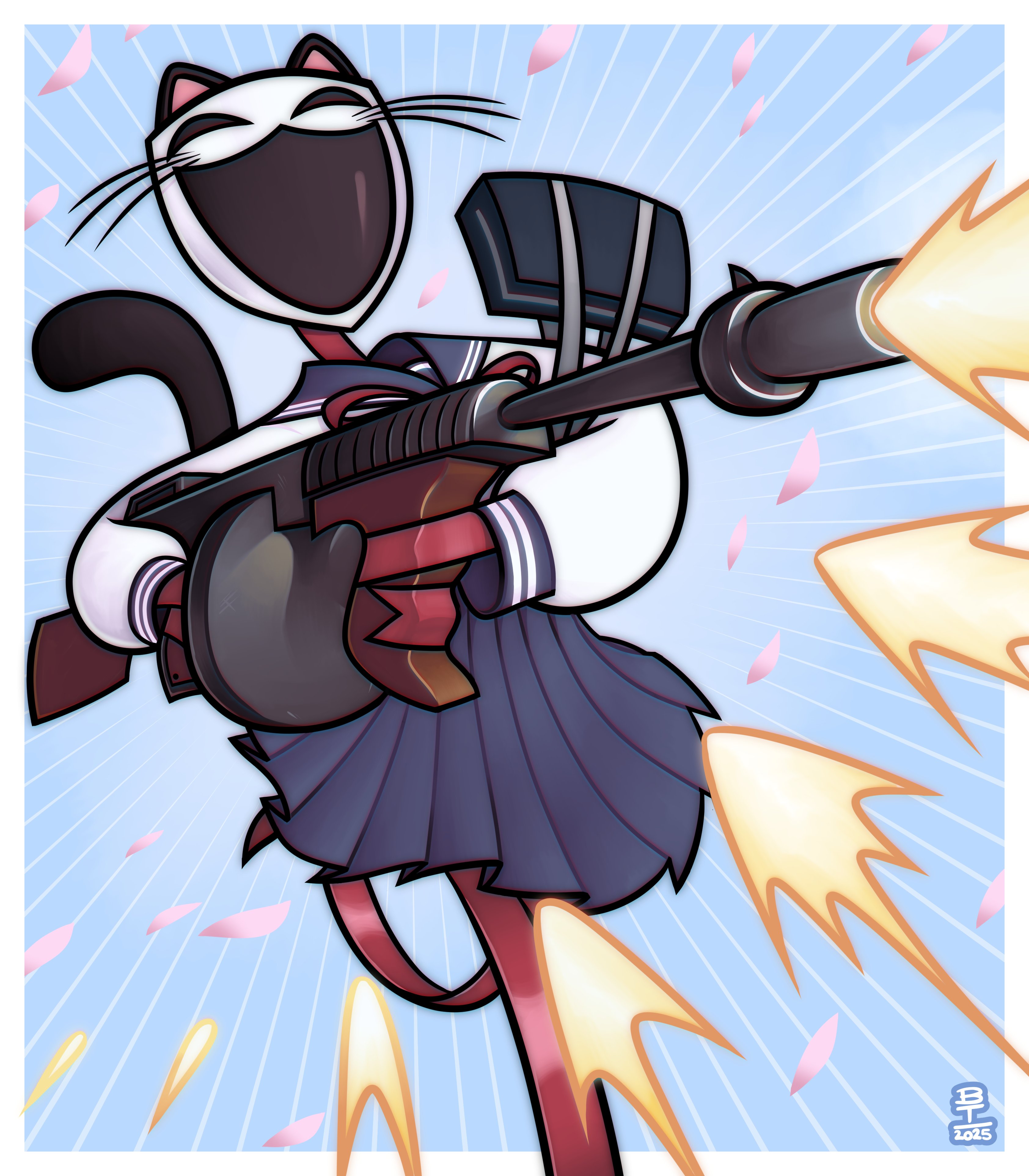 gangle (the amazing digital circus), the amazing digital circus, absurdres, highres, 1girl, animal ears, blue background, cat ears, firing, gun, long sleeves, mask, open mouth, pink petals, pleated skirt, red ribbon, ribbon, sailor collar, school uniform, serafuku, skirt, submachine gun, tail, thompson submachine gun, wazzaldorp, weapon, whiskers