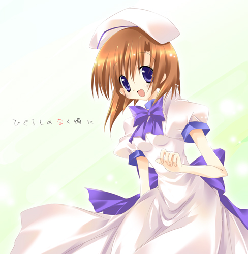 paco, ryuuguu rena, higurashi no naku koro ni, lowres, 00s, 1girl, bow, copyright name, female focus, hat, open mouth, red hair, solo