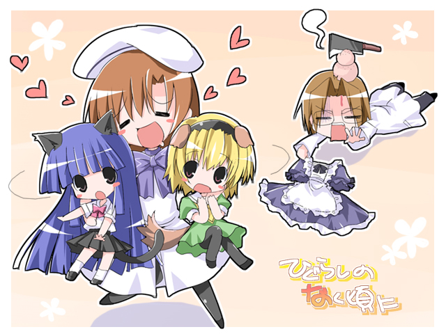 furude rika, houjou satoko, ryuuguu rena, higurashi no naku koro ni, 00s, school uniform, serafuku, take it home