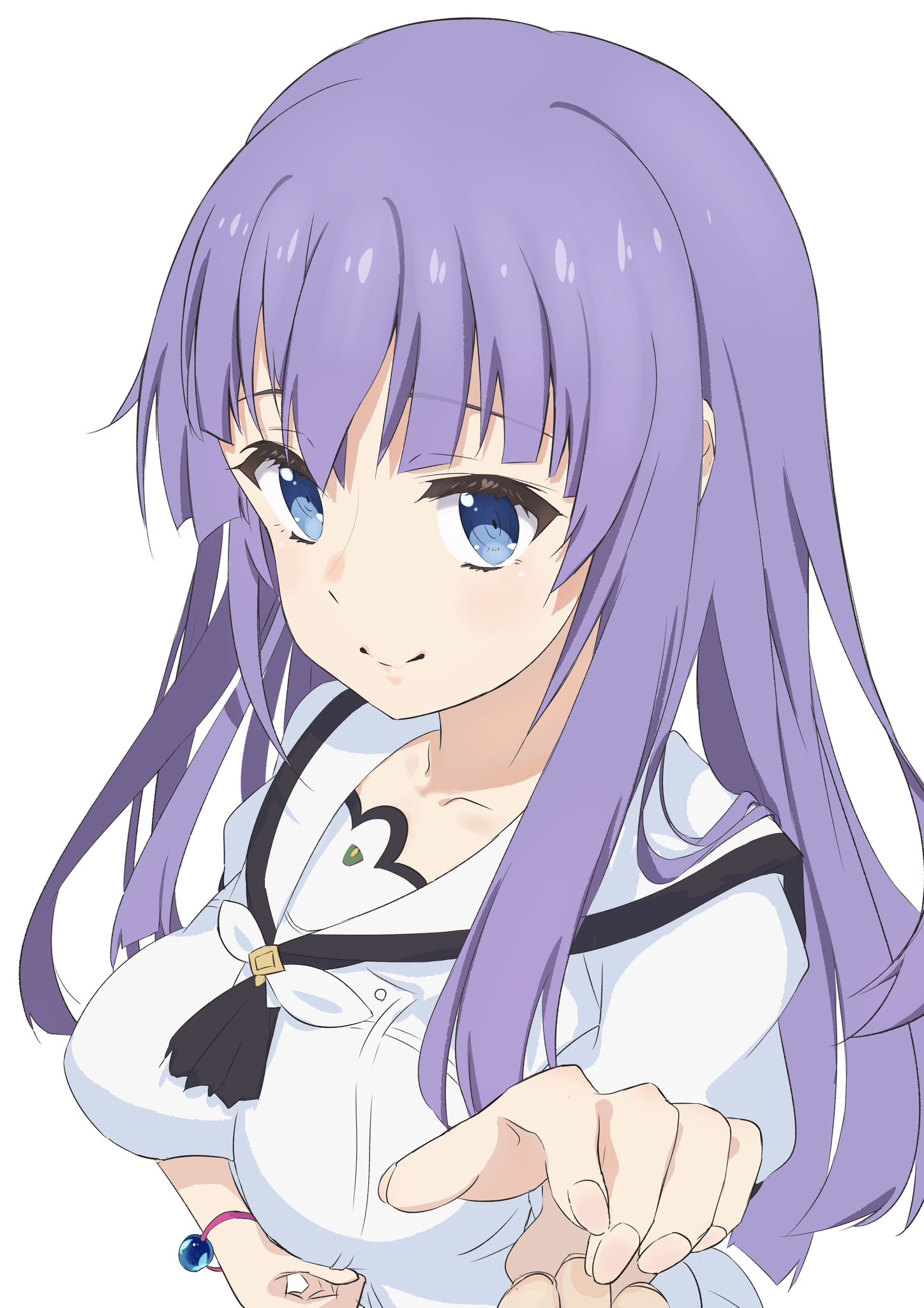 domotteru, sorakado ai, summer pockets, commentary, highres, 1girl, 1other, arm under breasts, ascot, black ascot, blue eyes, blunt bangs, blunt ends, breasts, closed mouth, collarbone, eyelashes, fingernails, hair between eyes, hair over shoulder, hand up, large breasts, light blush, long hair, looking at viewer, pov, pov hands, purple hair, ringed eyes, sailor collar, school uniform, serafuku, shirt, short sleeves, simple background, smile, solo focus, split mouth, summer pockets school uniform, upper body, white background, white sailor collar, white shirt