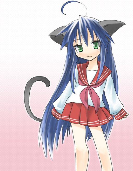 hane (hanegoya), izumi konata, lucky star, 00s, animal ears, cat ears, cat tail, school uniform, serafuku, tail