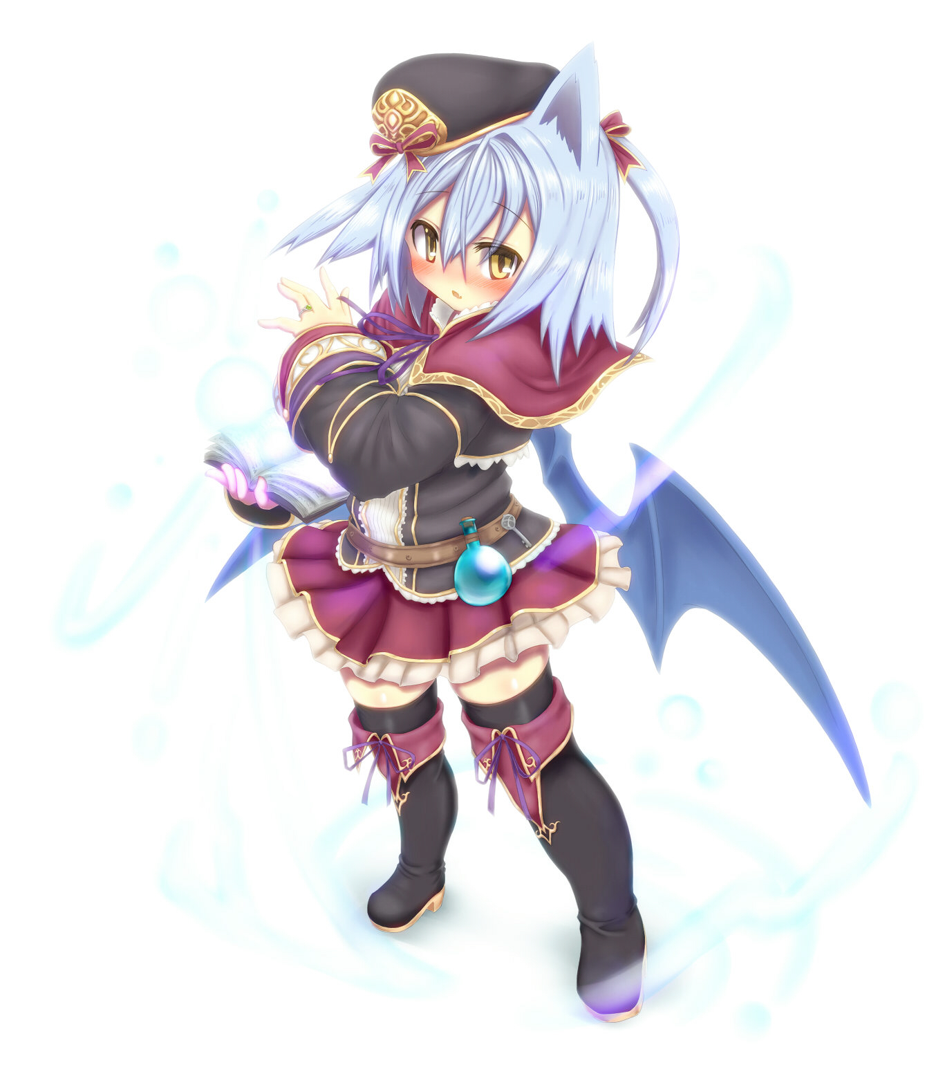 rafoll, emil chronicle online, highres, 1girl, alternate costume, animal ears, bat ears, bat girl, bat wings, belt, beret, black hat, black shirt, blue hair, blue wings, book, boots, bottle, capelet, curvy, delucky alma, frilled skirt, frills, from side, hat, holding, holding book, red capelet, red skirt, shirt, side ponytail, skirt, solo, standing, thigh boots, white background, wings