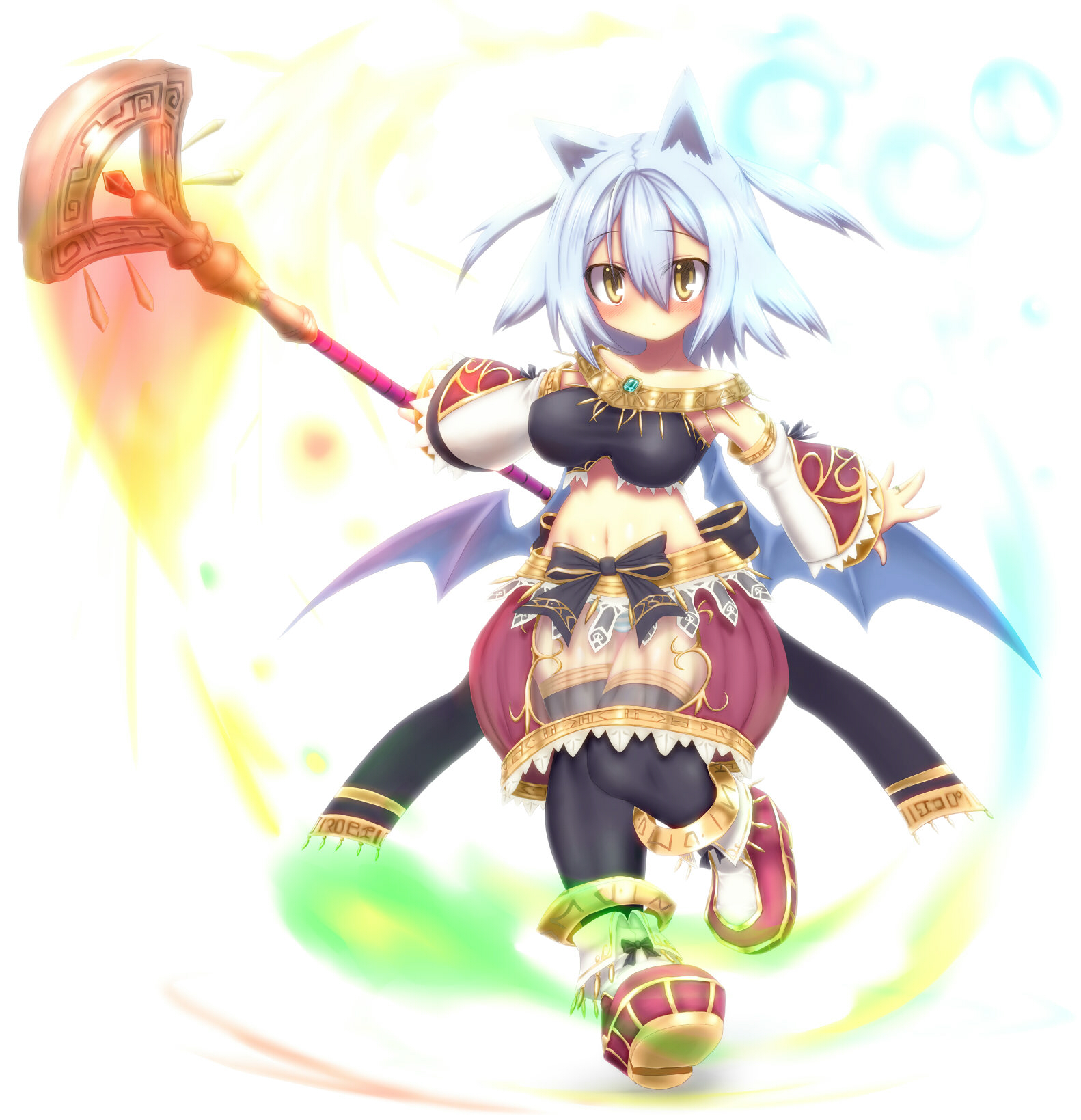 rafoll, emil chronicle online, highres, 1girl, alternate costume, animal ears, bat ears, bat girl, bat wings, black ribbon, black thighhighs, black tube top, blue wings, boots, breasts, delucky alma, detached sleeves, holding, holding staff, large breasts, magic, navel, red boots, red skirt, red sleeves, ribbon, see-through clothes, see-through skirt, skirt, solo, staff, standing, standing on one leg, strapless, thighhighs, tube top, two-tone sleeves, two side up, white background, white sleeves, wide sleeves, wings, yellow eyes