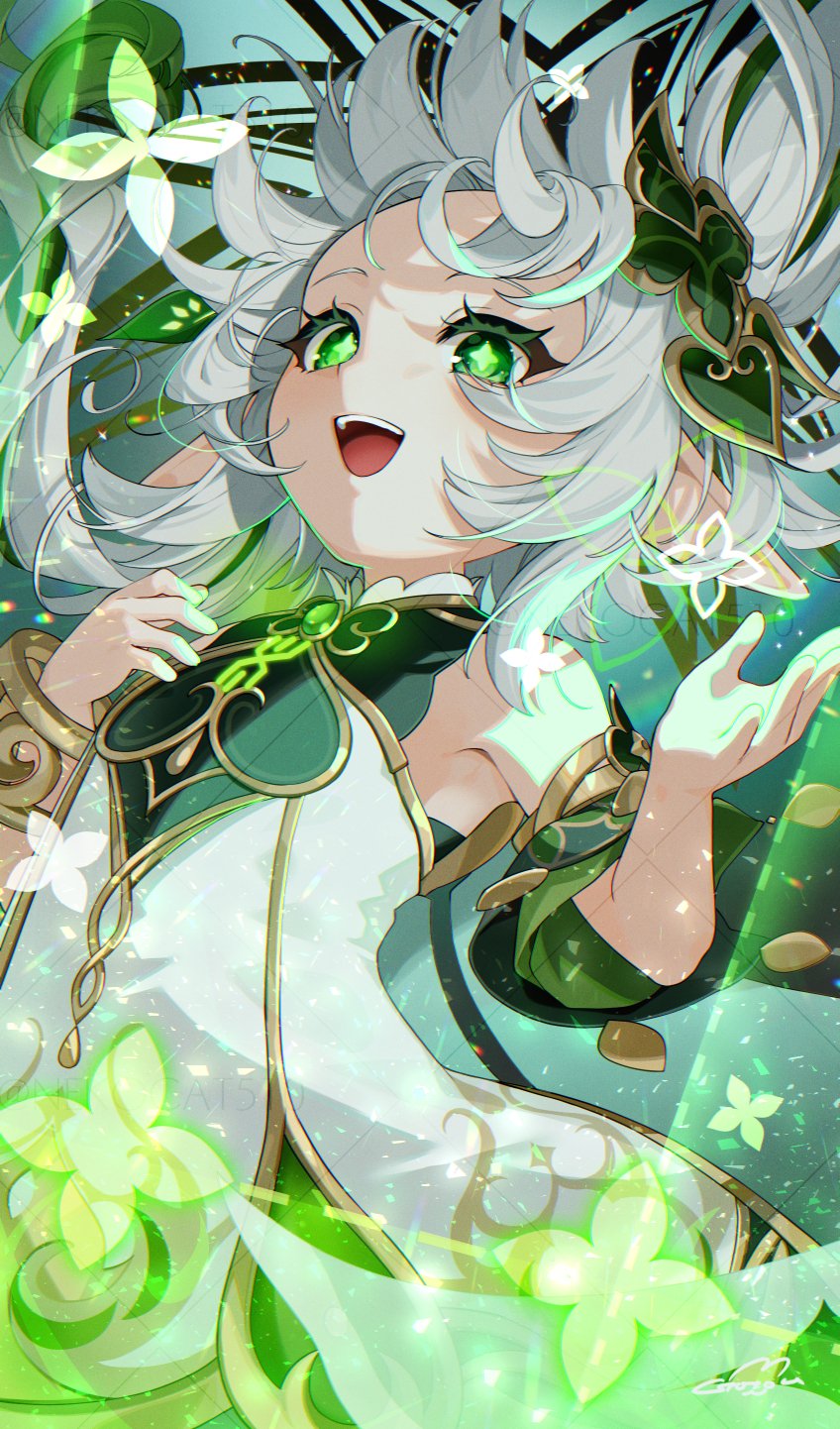 gotoh (nekocat), nahida (genshin impact), genshin impact, commentary request, highres, 1girl, :d, bare shoulders, detached sleeves, dress, floating hair, gold trim, green eyes, green sleeves, hair ornament, hands up, leaf hair ornament, long hair, open mouth, pointy ears, sleeveless, sleeveless dress, smile, solo, star-shaped pupils, star (symbol), symbol-shaped pupils, teeth, upper teeth only, white dress, white hair