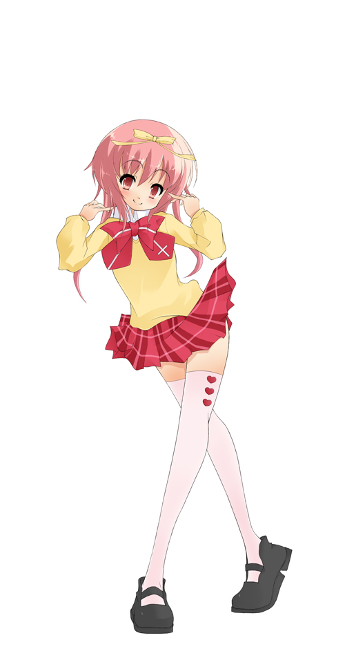 noi (noi 2y), akihime sumomo, nanatsuiro drops, 00s, 1girl, black shoes, bow, crossed legs, female focus, full body, hairband, mary janes, pink hair, pleated skirt, red eyes, school uniform, serafuku, shoes, short hair, simple background, skirt, smile, solo, standing, thighhighs, white background, white hair, zettai ryouiki