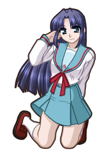 ooba kou, asakura ryoko, suzumiya haruhi no yuuutsu, tagme, 00s, 1girl, female focus, kneeling, school uniform, serafuku, simple background, solo