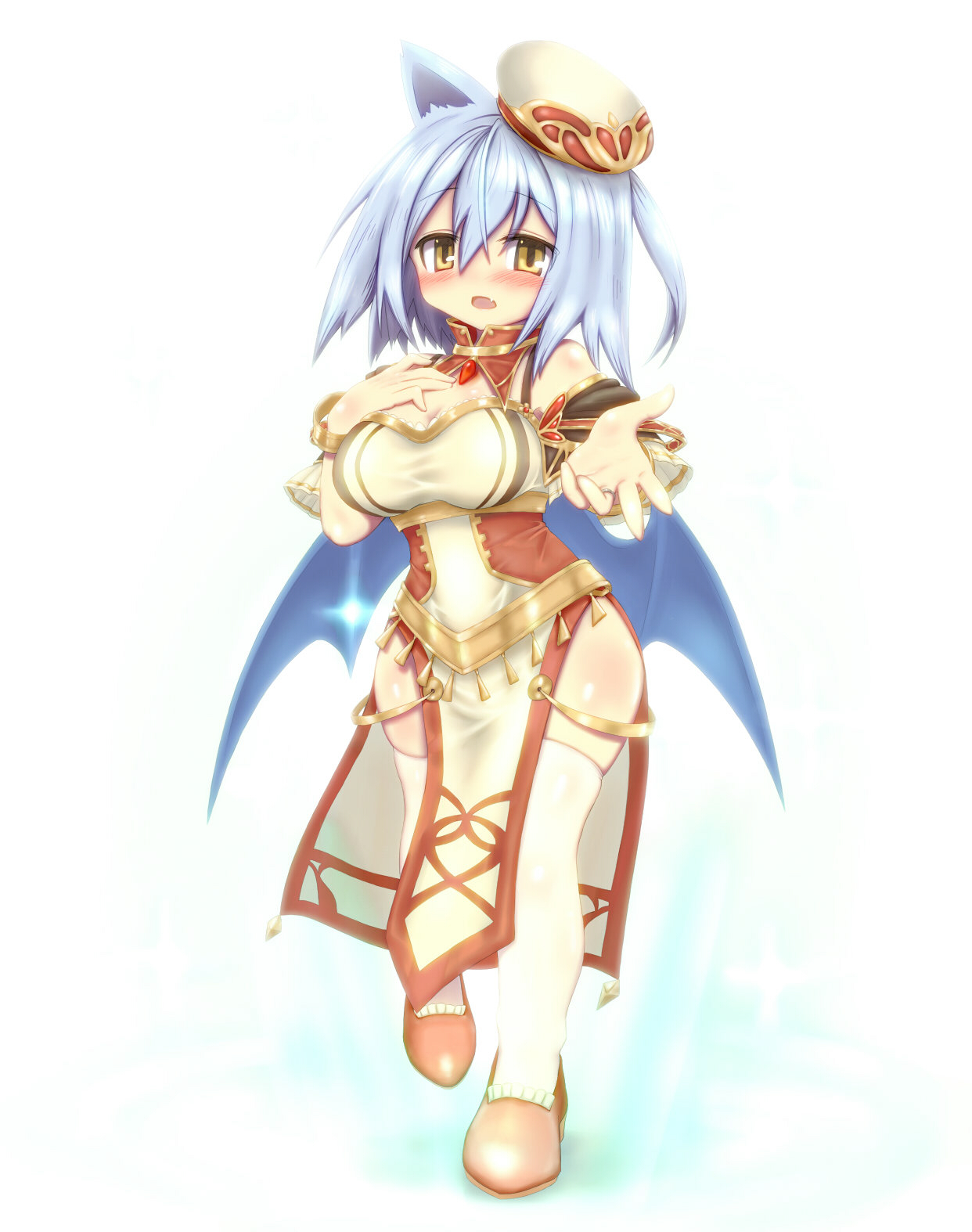 rafoll, emil chronicle online, highres, 1girl, alternate costume, animal ears, bare shoulders, bat ears, bat girl, bat wings, blue hair, blue wings, breasts, clothing cutout, curvy, delucky alma, detached sleeves, dress, hand on own chest, hat, large breasts, open mouth, outstretched arm, reaching, reaching towards viewer, red shoes, shoes, side ponytail, sleeveless, sleeveless dress, solo, standing, standing on one leg, thigh cutout, thighhighs, white background, white dress, white hat, white sleeves, white thighhighs, wings