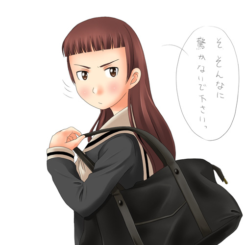 toshifumi, matsudaira touko, maria-sama ga miteru, lowres, 00s, 1girl, alternate hairstyle, bag, black serafuku, blunt bangs, brown eyes, brown hair, female focus, handbag, long sleeves, maria sama, school bag, school uniform, serafuku, solo
