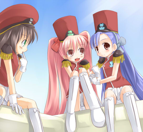 kuro (be ok), maruyama sylvia, onigawara mao, tsukishima misora, rikujou boueitai mao-chan, 00s, 3girls, blue hair, blush, boots, bow, brown hair, epaulettes, gloves, green eyes, hair ribbon, hat, kneehighs, long hair, military, multiple girls, panties, pantyshot, red eyes, ribbon, shako cap, short hair, sitting, socks, twintails, underwear, upskirt, white panties