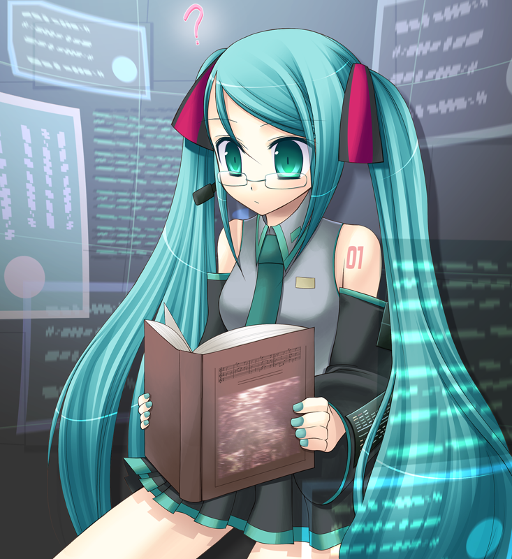 eko, hatsune miku, vocaloid, 1girl, aqua hair, aqua necktie, bespectacled, blouse, book, collared shirt, female focus, glasses, grey background, grey shirt, long hair, necktie, shirt, shoulder tattoo, sleeveless, sleeveless shirt, solo, swept bangs, tattoo, twintails, very long hair