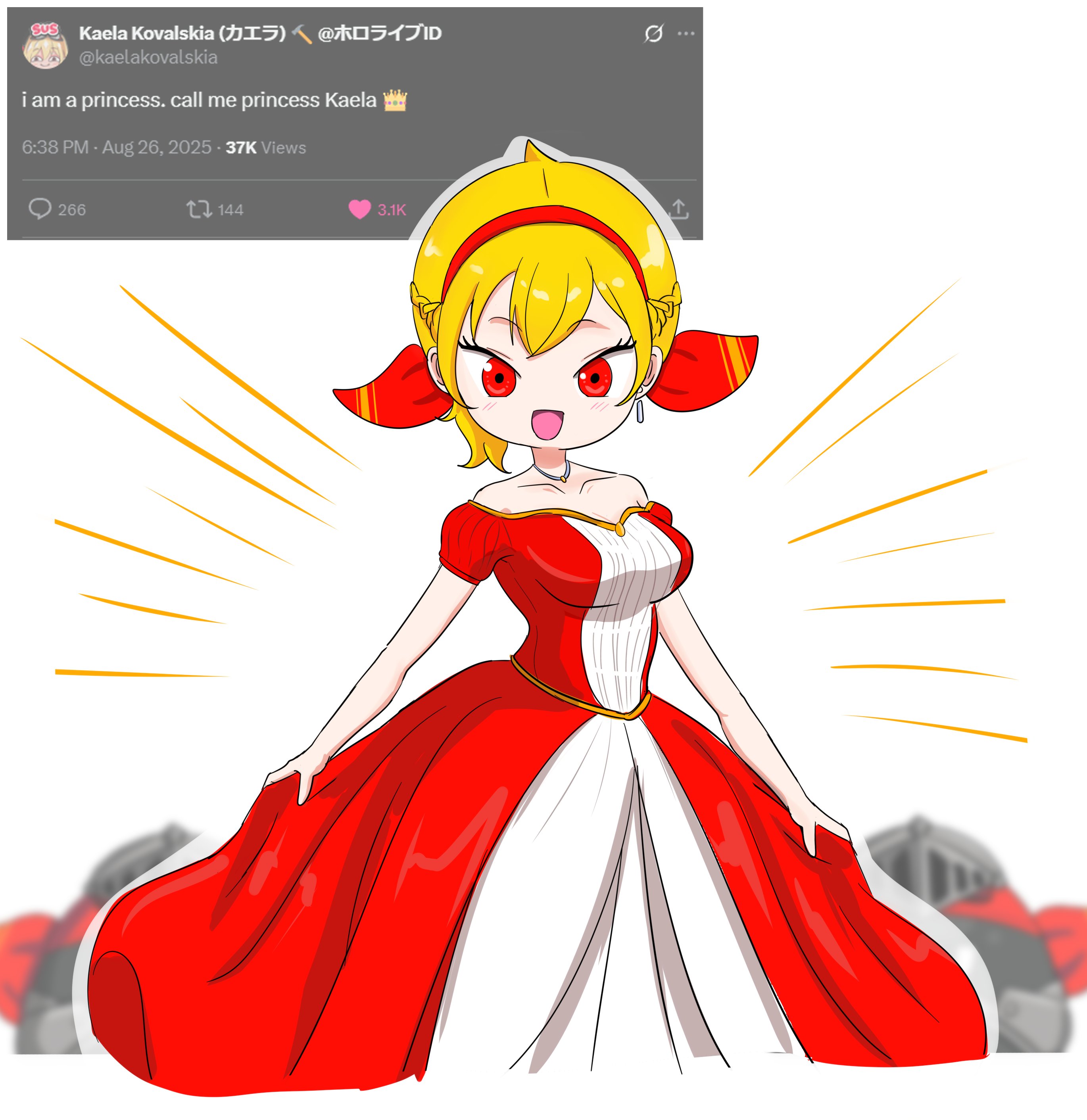 shadowsky exe, kaela kovalskia, hololive, hololive indonesia, absurdres, highres, 1girl, blonde hair, blush, dress, looking at viewer, red dress, red eyes, smile, solo, virtual youtuber