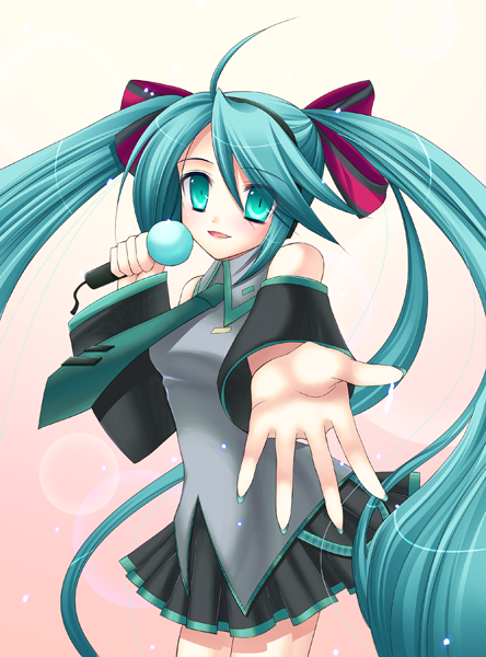 eko, hatsune miku, vocaloid, 1girl, ahoge, blouse, collared shirt, female focus, gradient background, grey shirt, hair between eyes, long hair, microphone, shirt, sleeveless, sleeveless shirt, solo, twintails, very long hair