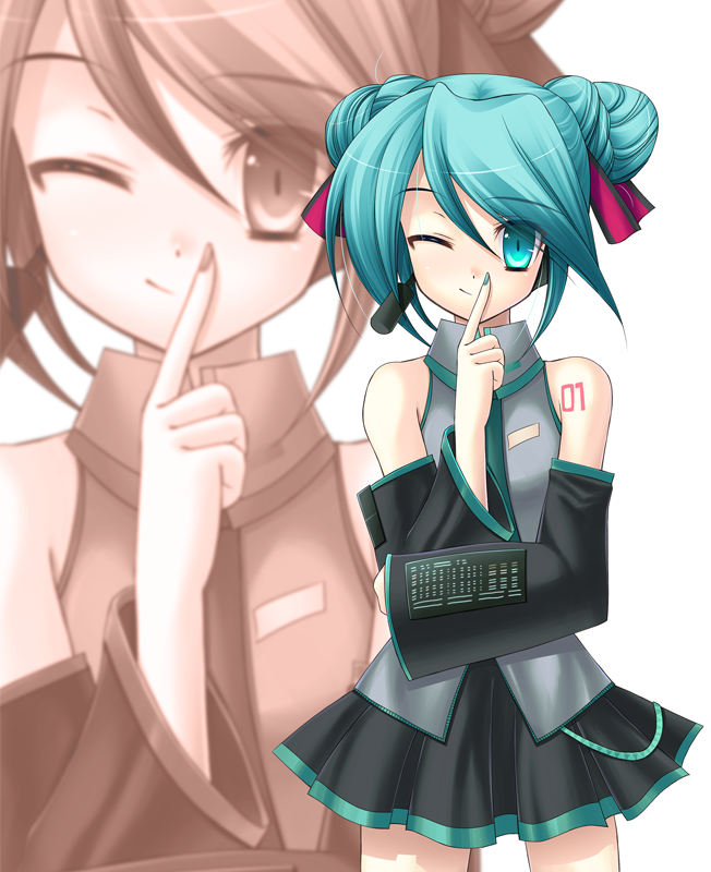 eko, hatsune miku, vocaloid, eyebrows, 1girl, ;), alternate hairstyle, aqua hair, aqua necktie, belt, black skirt, blouse, blue eyes, blue hair, blue necktie, collared shirt, cowboy shot, detached sleeves, double bun, female focus, finger to mouth, grey shirt, hair bun, hair ornament, hair ribbon, long hair, looking at viewer, matching hair/eyes, miniskirt, nail polish, necktie, one eye closed, pleated skirt, ribbon, shirt, shoulder tattoo, shushing, skirt, sleeveless, sleeveless shirt, smile, solo, standing, tattoo, very long hair, white background, wink, zoom layer