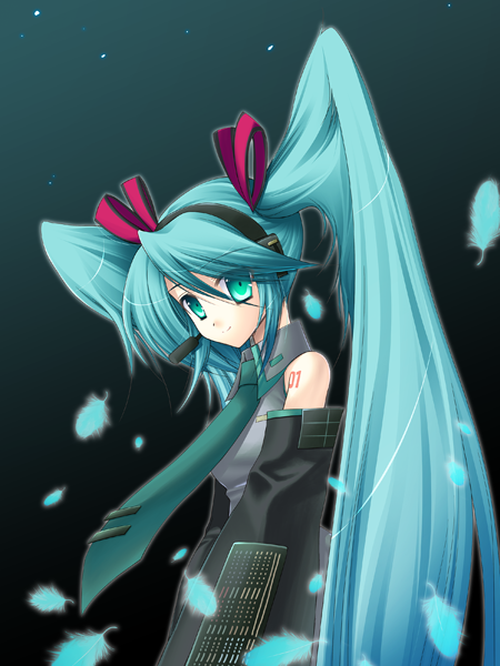 eko, hatsune miku, vocaloid, 1girl, aqua background, aqua eyes, aqua hair, aqua necktie, arms at sides, blouse, collared shirt, dark background, detached sleeves, feathers, female focus, from side, gradient background, green eyes, grey shirt, headset, long hair, looking at viewer, necktie, shirt, shoulder tattoo, smile, solo, tattoo, twintails, very long hair