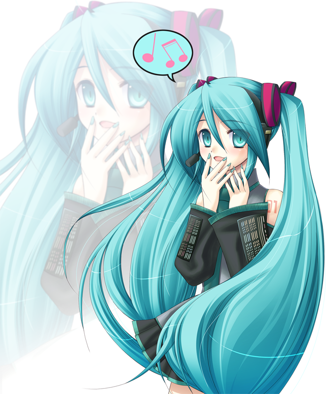 eko, hatsune miku, vocaloid, 1girl, aqua eyes, aqua hair, aqua nails, aqua necktie, blouse, blush, collared shirt, detached sleeves, eyes visible through hair, female focus, grey shirt, hair between eyes, hand to own mouth, headset, long hair, looking at viewer, musical note, nail polish, necktie, open mouth, shirt, shoulder tattoo, skirt, sleeveless, sleeveless shirt, solo, spoken musical note, tattoo, twintails, very long hair, white background, zoom layer