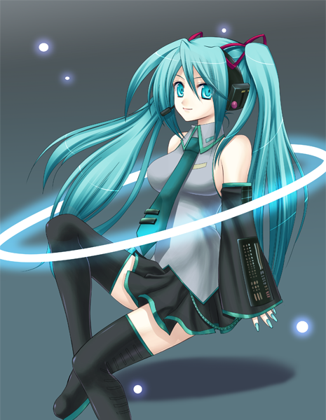 eko, hatsune miku, vocaloid, 1girl, aqua eyes, aqua hair, aqua necktie, bare shoulders, black thighhighs, blouse, boots, bow, collared shirt, detached sleeves, female focus, green hair, green necktie, grey background, grey shirt, hair between eyes, hair bow, hair ribbon, long hair, necktie, ribbon, shirt, sleeveless, sleeveless shirt, sleeves past wrists, solo, swept bangs, thigh boots, thighhighs, twintails, very long hair, zettai ryouiki