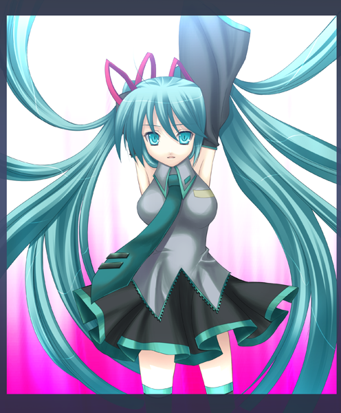 eko, hatsune miku, vocaloid, 1girl, aqua necktie, armpits, blouse, collared shirt, female focus, frilled shirt, frills, green hair, grey shirt, hair between eyes, long hair, necktie, pink background, shirt, sleeveless, sleeveless shirt, solo, thighhighs, twintails, very long hair