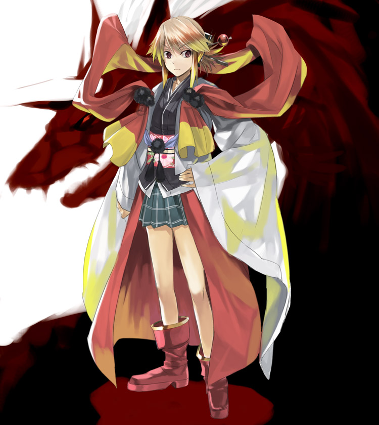 kabocha, kabocha (monkey4), 1girl, blonde hair, blue eyes, boots, brown eyes, cape, dragon, female focus, full body, green skirt, hands on own hips, looking at viewer, monster, pink boots, plaid clothes, plaid skirt, pointy ears, short hair, skirt, solo, standing
