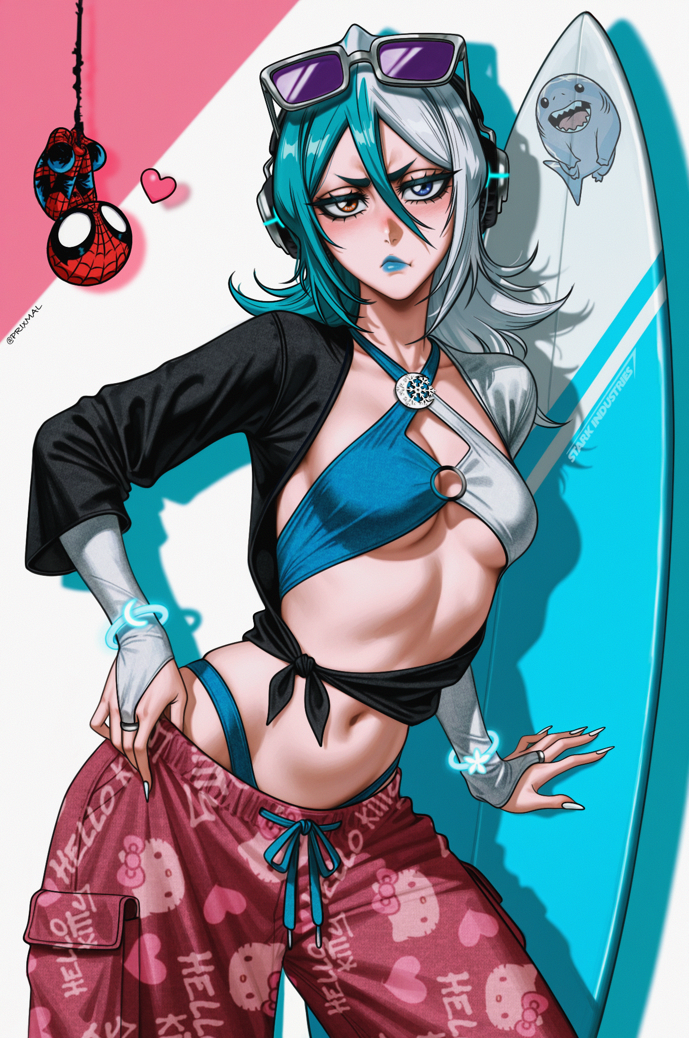 prixmal, kuchiki rukia, luna snow, spider-man, bleach, marvel, marvel rivals, ai-assisted, 1boy, 1girl, blue hair, blue lips, blush, breasts, collarbone, hand on own hip, headphones, heterochromia, lips, looking at viewer, luna snow (cosplay), medium breasts, multicolored hair, pants, small breasts, sunglasses on head, surfboard, two-tone hair, white hair