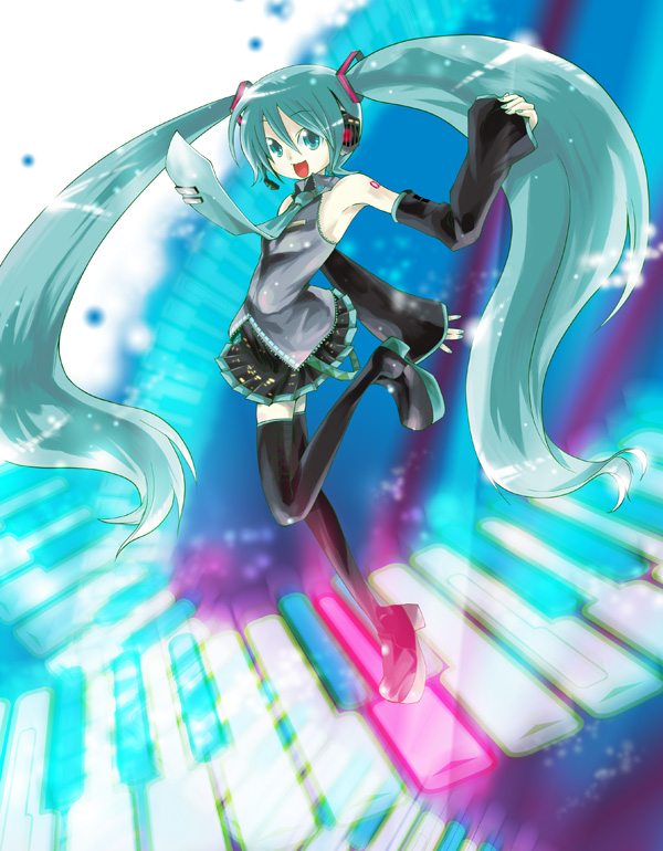 katou kouki, hatsune miku, vocaloid, platform footwear, 1girl, aqua hair, aqua necktie, arm behind back, armpits, black thighhighs, blouse, blue background, boots, collared shirt, female focus, frilled shirt, frills, grey shirt, hair between eyes, long hair, necktie, platform boots, shirt, shoulder tattoo, sleeveless, sleeveless shirt, solo, tattoo, thighhighs, twintails, very long hair, zettai ryouiki