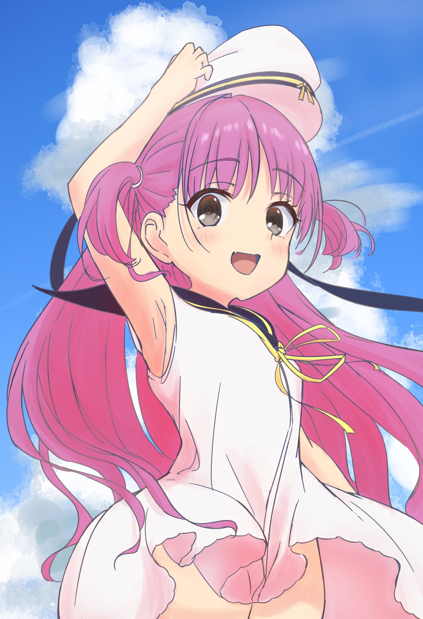 domotteru, katou umi, summer pockets, commentary request, highres, 1girl, :d, arm up, armpits, black sailor collar, blue sky, blush, clothes lift, cloud, cowboy shot, cumulonimbus cloud, day, dress, dress lift, eyelashes, eyes visible through hair, fang, floating hair, grey eyes, hair between eyes, hand on headwear, happy, hat, long hair, looking at viewer, open mouth, outdoors, pink hair, ribbon, ringed eyes, sailor collar, sailor dress, sailor hat, skin fang, sky, sleeveless, sleeveless dress, smile, solo, two side up, very long hair, white dress, white hat, wind, wind lift, yellow ribbon