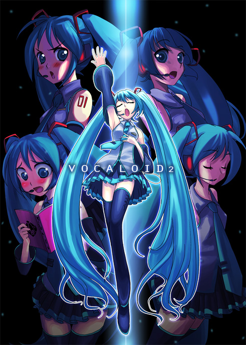 yakepu, hatsune miku, vocaloid, beam, >:o, 1girl, :o, aqua eyes, aqua hair, aqua necktie, armpits, black background, blouse, blush, book, clone, closed eyes, collared shirt, copyright name, detached sleeves, embarrassed, grey shirt, headset, light particles, long hair, multiple views, necktie, open mouth, shirt, skirt, sleeveless, sleeveless shirt, tattoo, thighhighs, tsundere, twintails, v-shaped eyebrows, very long hair, wide-eyed, zettai ryouiki