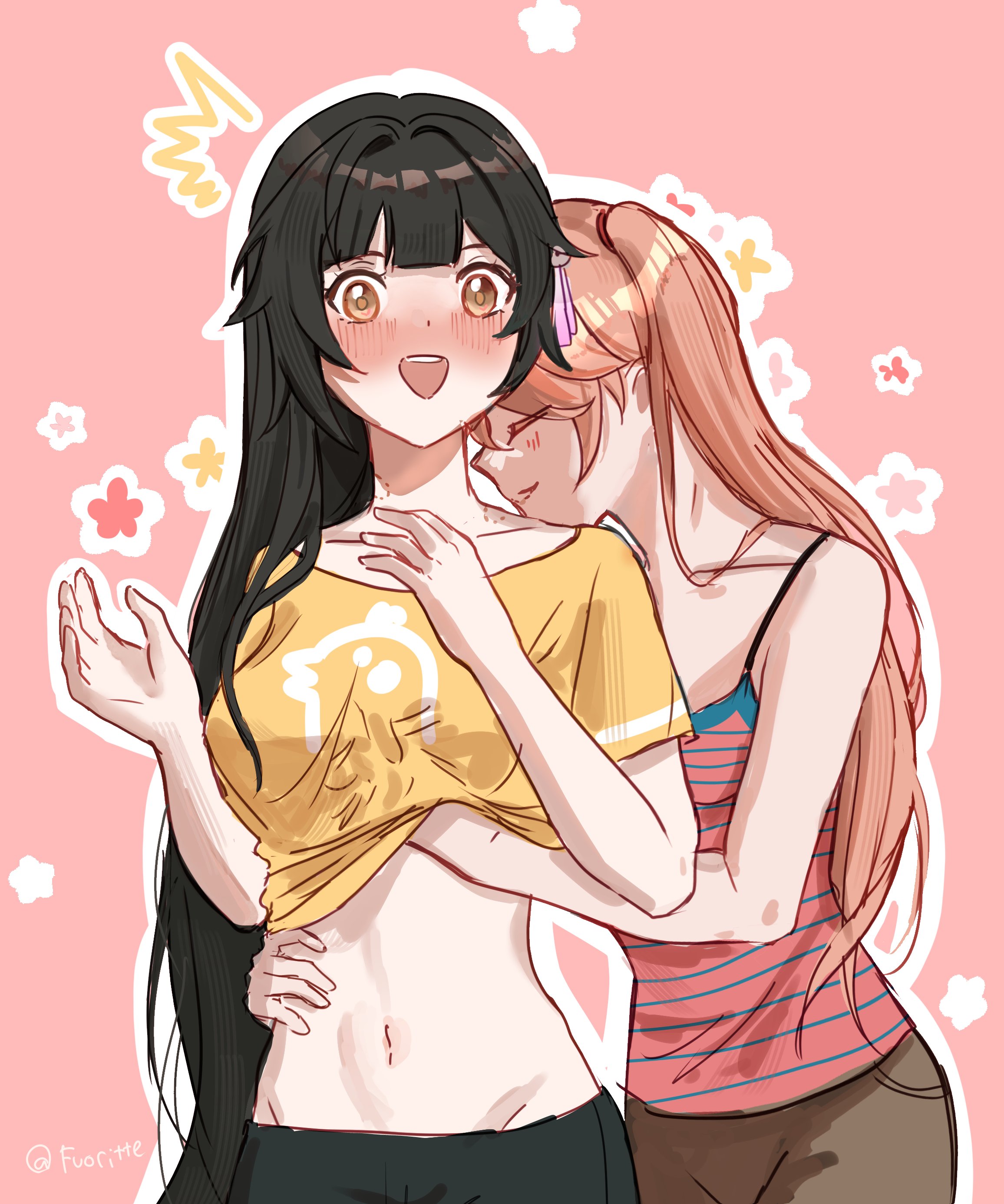 fuori, guinaifen (honkai: star rail), sushang (honkai: star rail), honkai: star rail, honkai (series), absurdres, highres, 2girls, :d, bare arms, bare shoulders, black hair, blush, camisole, hair down, long hair, midriff, multiple girls, navel, open mouth, orange hair, pink background, shirt, short sleeves, smile, spaghetti strap, stomach, very long hair, yellow eyes, yellow shirt, yuri
