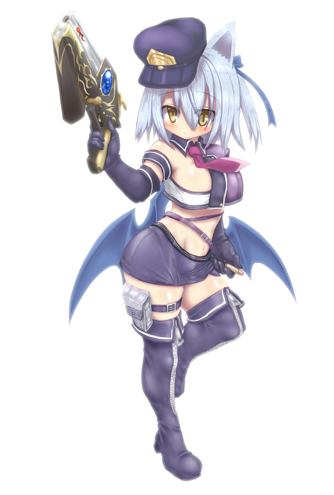 rafoll, emil chronicle online, highres, 1girl, alternate costume, animal ears, arm strap, bare shoulders, bat ears, bat girl, bat wings, belt, blue bow, blue gloves, blue hat, blue skirt, blue wings, boots, bow, breasts, clothing cutout, curvy, delucky alma, elbow gloves, gloves, gun, hair bow, hat, holding, holding gun, holding weapon, holster, large breasts, miniskirt, necktie, police hat, purple belt, purple necktie, purple shirt, shirt, side ponytail, skirt, solo, standing, standing on one leg, strapless, thigh boots, tube top, weapon, white background, wings, yellow eyes