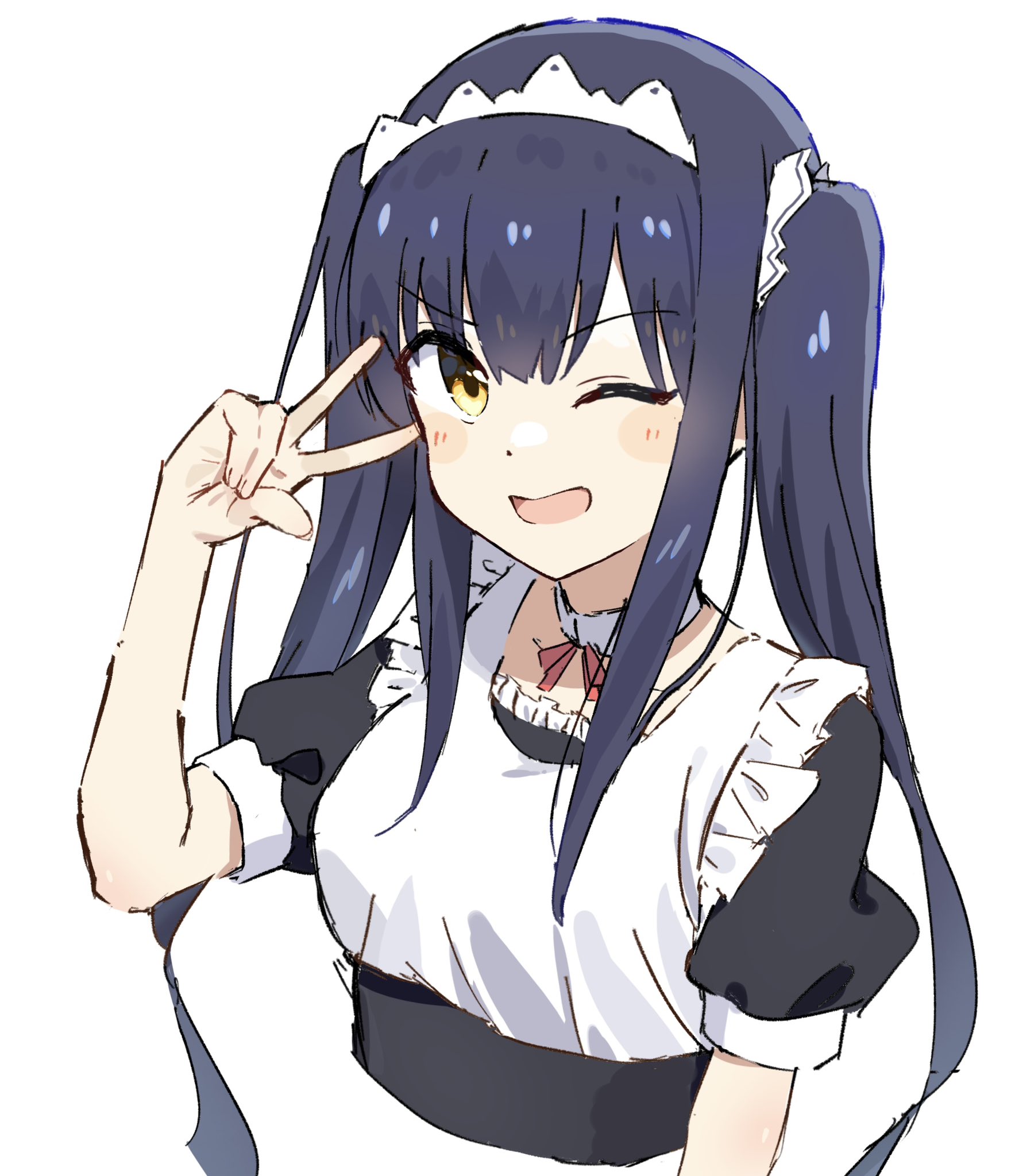 emu shido, kushima kamome, summer pockets, commentary, highres, 1girl, ;d, apron, black dress, black hair, blush stickers, cropped torso, detached collar, dress, eyes visible through hair, frilled apron, frills, hair between eyes, hand up, long hair, looking at viewer, maid, maid apron, maid headdress, neck ribbon, official alternate costume, official alternate hairstyle, one eye closed, open mouth, puffy short sleeves, puffy sleeves, red ribbon, ribbon, short sleeves, sidelocks, sketch, smile, solo, straight hair, twintails, upper body, v, v over eye, very long hair, white apron, yellow eyes