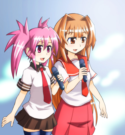 yn1982, edomae lunar, seto sun, seto no hanayome, 00s, 2girls, :d, blue thighhighs, cowboy shot, karaoke, multiple girls, necktie, open mouth, pink eyes, pink hair, red necktie, school uniform, serafuku, shirt, short hair, short sleeves, smile, thighhighs, twintails, white shirt, zettai ryouiki