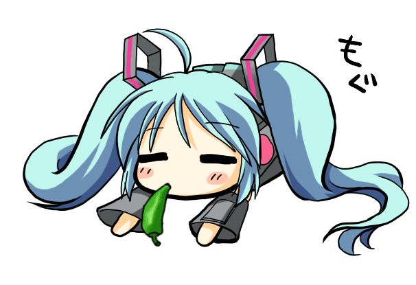 ebisu senri, hatsune miku, vocaloid, animated, animated gif, > <, 1girl, :d, ahoge, aqua hair, blush stickers, breath weapon, breathing fire, chibi, chili pepper, closed eyes, eating, expressive hair, female focus, fire, habanero (chili), habanero pepper, jalapeno pepper, long hair, lying, on stomach, open mouth, smile, solo, spicy, twintails, very long hair, xd