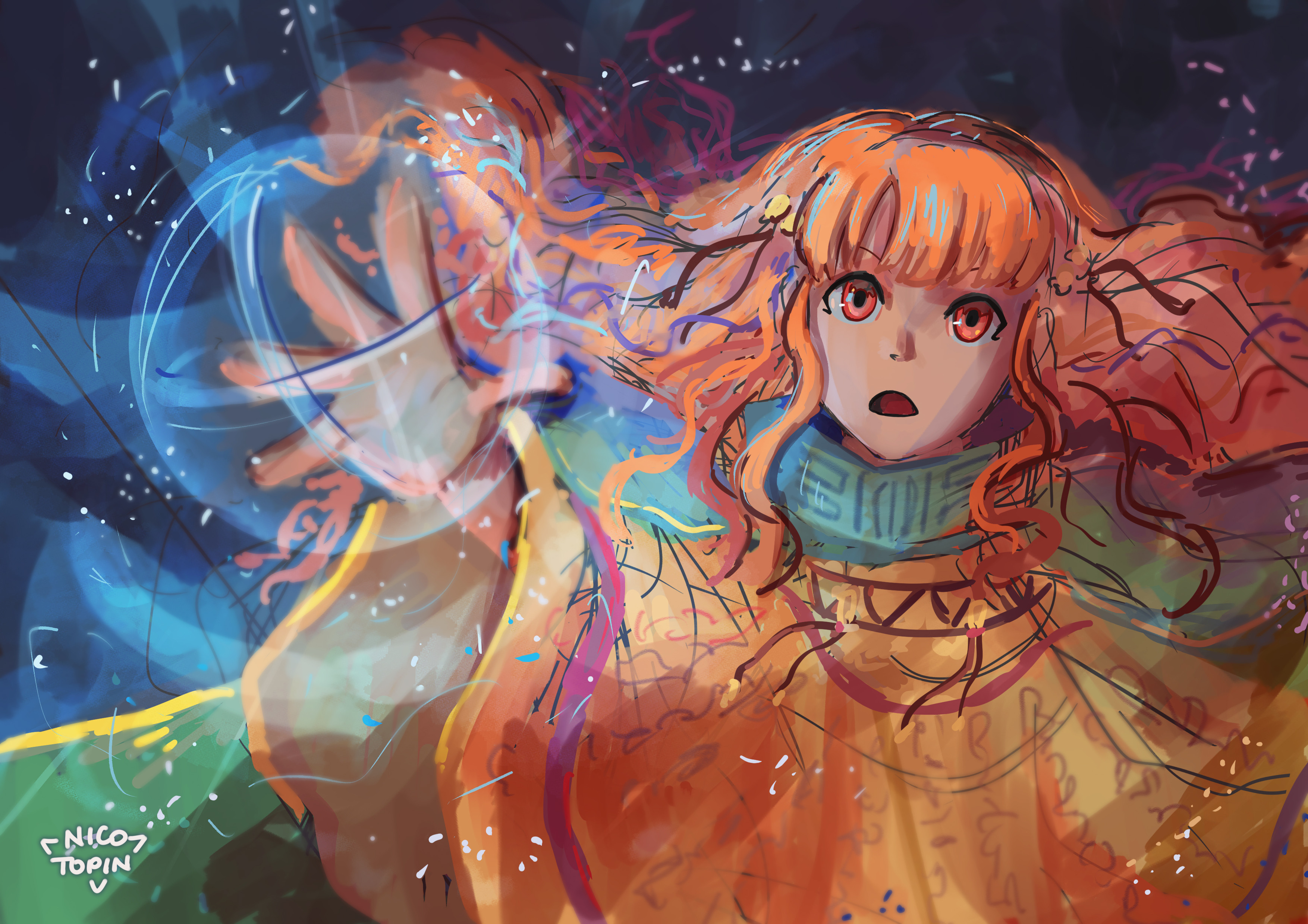 nicotopin, yune (fire emblem), fire emblem, fire emblem: radiant dawn, nintendo, absurdres, commentary, highres, 1girl, artist name, hair bobbles, hair ornament, long hair, open hand, open mouth, orange eyes, orange hair, solo