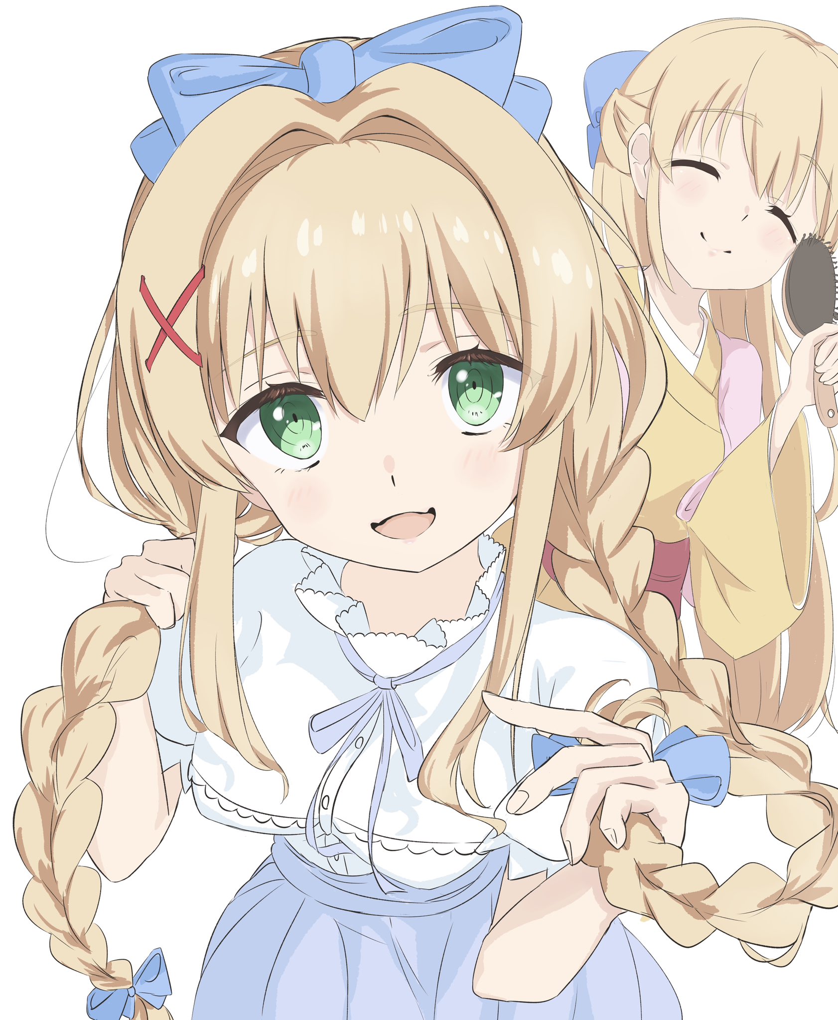 domotteru, tsumugi wenders, summer pockets, commentary, highres, spoilers, 2girls, :d, ^ ^, alternate hairstyle, blue bow, blue ribbon, blue skirt, blush, bow, braid, closed eyes, closed mouth, cowboy shot, dual wielding, eyelashes, facing viewer, green eyes, hair between eyes, hair bow, hair brush, hair intakes, hair ornament, half updo, hand up, hands up, high-waist skirt, holding, holding hair brush, holding own hair, japanese clothes, kimono, long hair, long sleeves, looking at viewer, low twintails, multiple girls, neck ribbon, official alternate costume, open mouth, peeking out, puffy short sleeves, puffy sleeves, ribbon, ringed eyes, shirt, short sleeves, sidelocks, simple background, skirt, smile, split mouth, straight hair, twin braids, twintails, upturned eyes, very long hair, white background, white shirt, wide sleeves, x hair ornament, yellow kimono