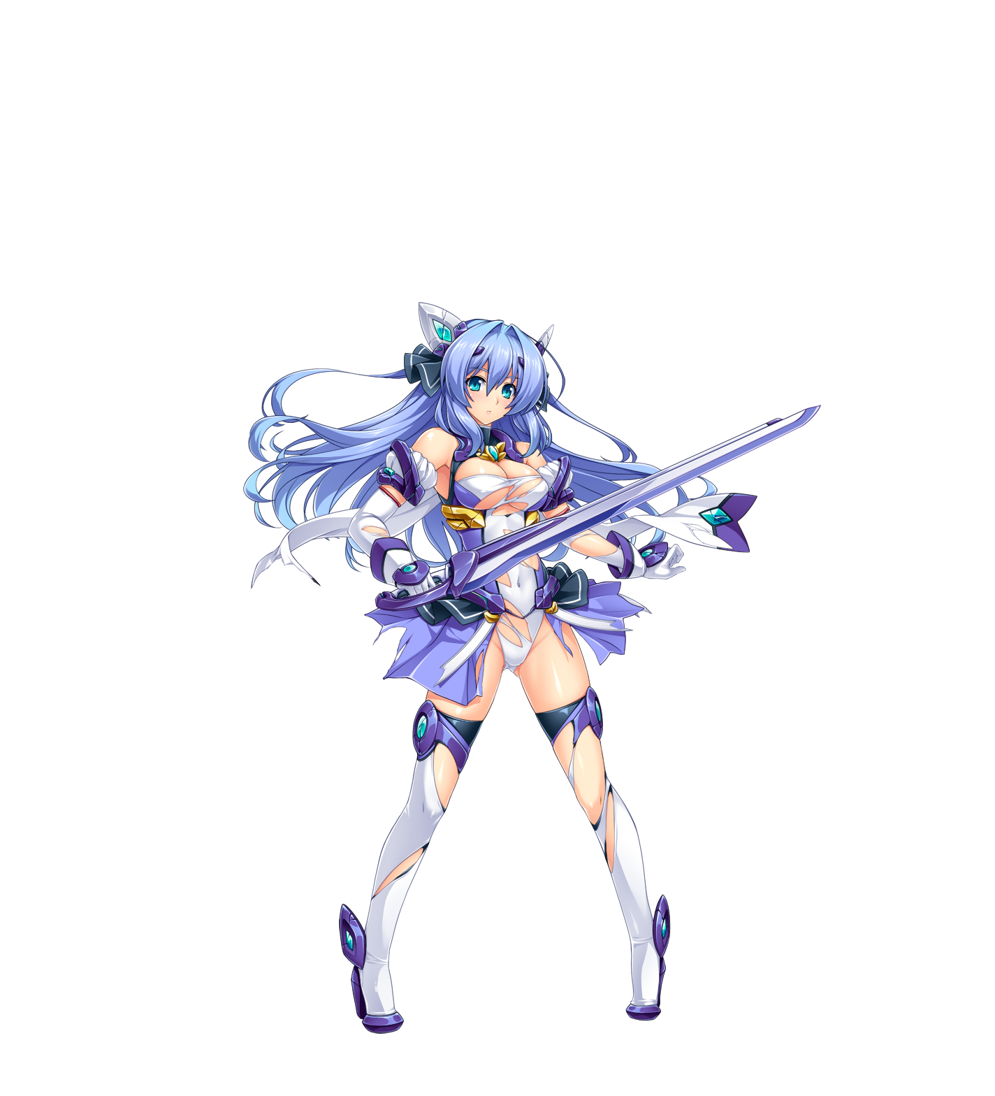 inoino, exs-tia, katsuragi marina, kouyoku senki exs-tia, game cg, highres, large variant set, non-web source, official art, variant set, 1girl, aqua eyes, bare shoulders, blue eyes, blue hair, boots, breasts, chest jewel, cleavage, covered navel, crack, elbow gloves, exs-tia (exs-tia 3), full body, gloves, hair between eyes, headgear, high heels, holding, holding sword, holding weapon, large breasts, leotard, long hair, looking at viewer, overskirt, pigeon-toed, skirt, solo, standing, sword, tachi-e, thigh boots, thighhighs, torn clothes, torn gloves, torn leotard, torn skirt, torn thighhighs, transparent background, underboob, weapon, white gloves, white leotard, white thighhighs