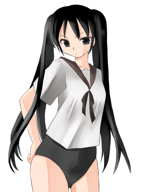 placebo2nd, tagme, 1girl, black eyes, black hair, female focus, simple background, solo, standing, twintails, white background