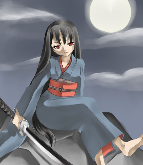 placebo2nd, tagme, barefoot, japanese clothes, kimono, moon, red eyes, sword, weapon