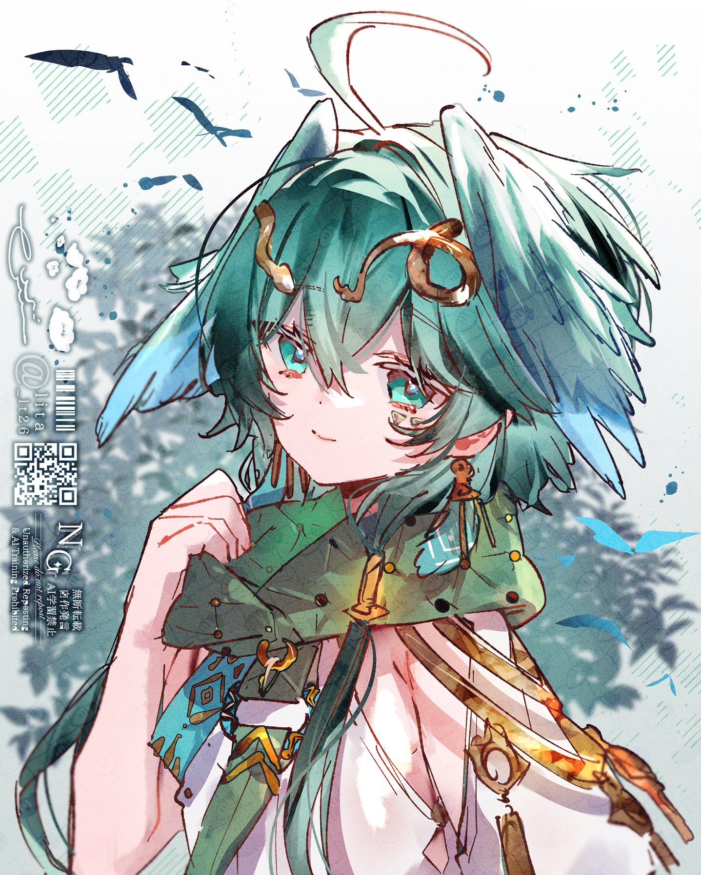 lt26, zeroera, commentary, highres, 1boy, ahoge, closed mouth, earrings, green hair, green scarf, head wings, jewelry, looking at viewer, male focus, sacador (zeroera), scarf, shirt, smile, upper body, white shirt, wings