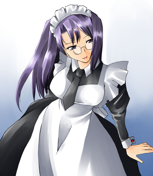 placebo2nd, tagme, 1girl, breasts, female focus, glasses, gradient background, maid, necktie, solo, standing, white background
