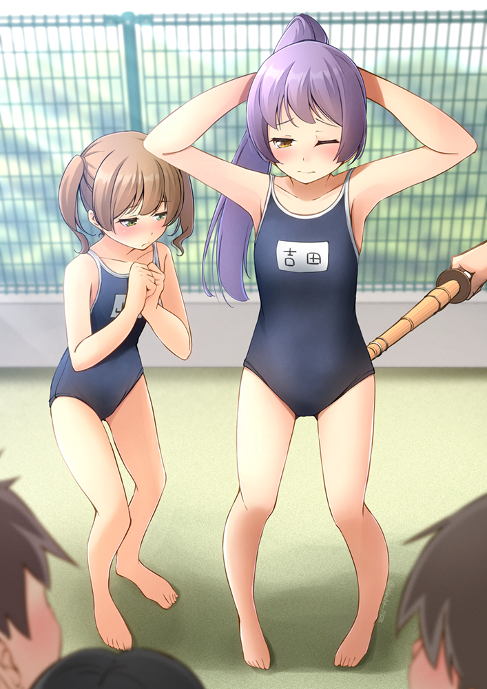 shibacha, original, commentary request, commission, skeb commission, 1other, 2girls, 3boys, barefoot, blue one-piece swimsuit, breasts, brown hair, competition school swimsuit, fence, full body, green eyes, multiple boys, multiple girls, one-piece swimsuit, ponytail, purple eyes, school swimsuit, shinai, small breasts, swimsuit, sword, twintails, weapon, yellow eyes