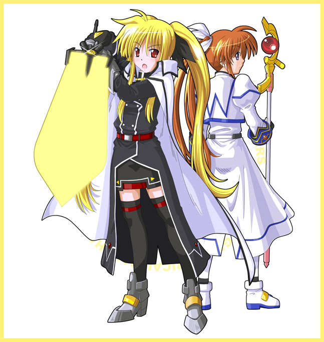 yone, bardiche (nanoha), bardiche (zanber form) (nanoha), fate testarossa, fate testarossa (impulse form), raising heart, raising heart (accel mode), takamachi nanoha, takamachi nanoha (aggressor mode), lyrical nanoha, mahou shoujo lyrical nanoha, mahou shoujo lyrical nanoha strikers, 00s, 2girls, back-to-back, blonde hair, cape, energy sword, fingerless gloves, gloves, magical girl, multiple girls, sword, thighhighs, twintails, weapon