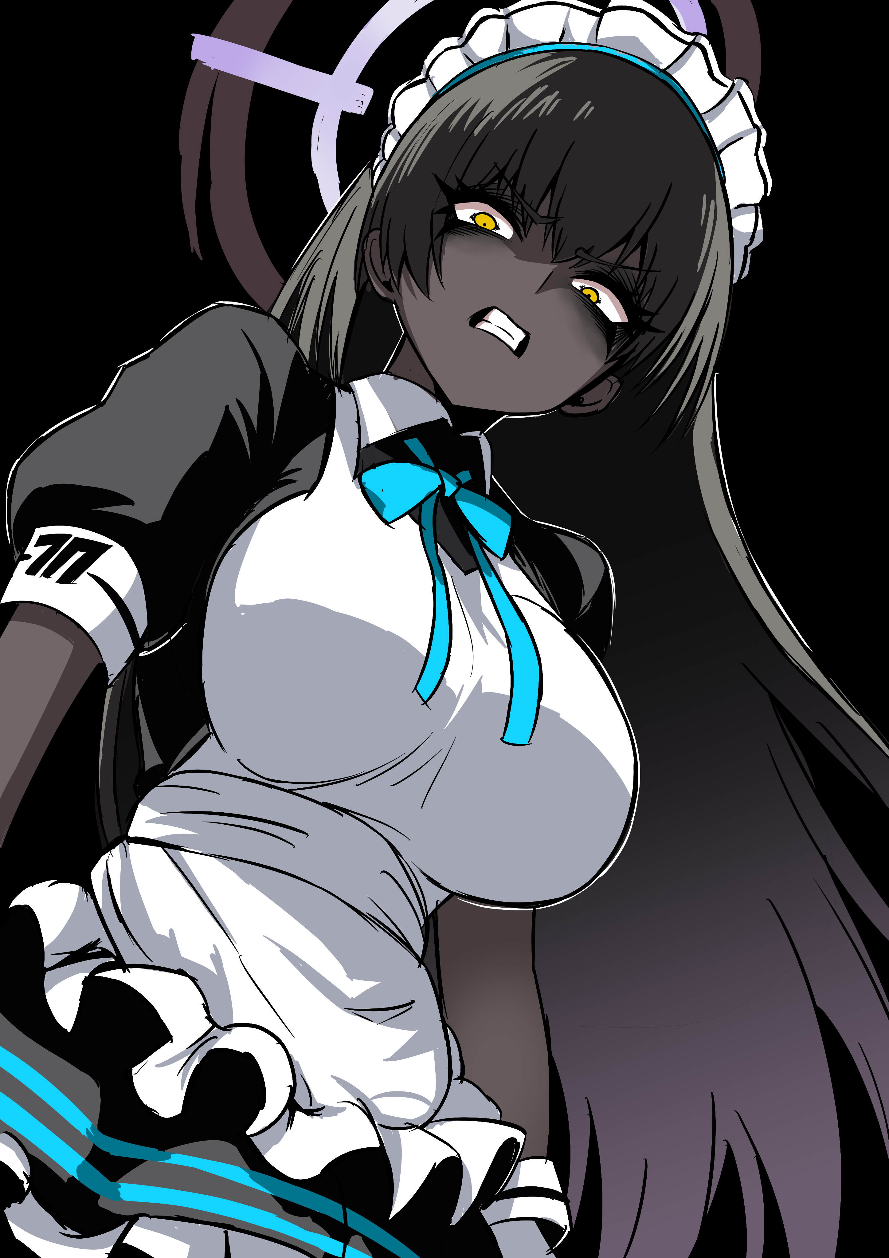 nagainegi, karin (blue archive), blue archive, absurdres, highres, 1girl, apron, bags under eyes, black hair, blue bow, blue bowtie, blue halo, bow, bowtie, breasts, dark-skinned female, dark skin, halo, large breasts, long hair, looking at viewer, maid, maid apron, maid headdress, purple halo, solo, traditional bowtie, very long hair, yellow eyes