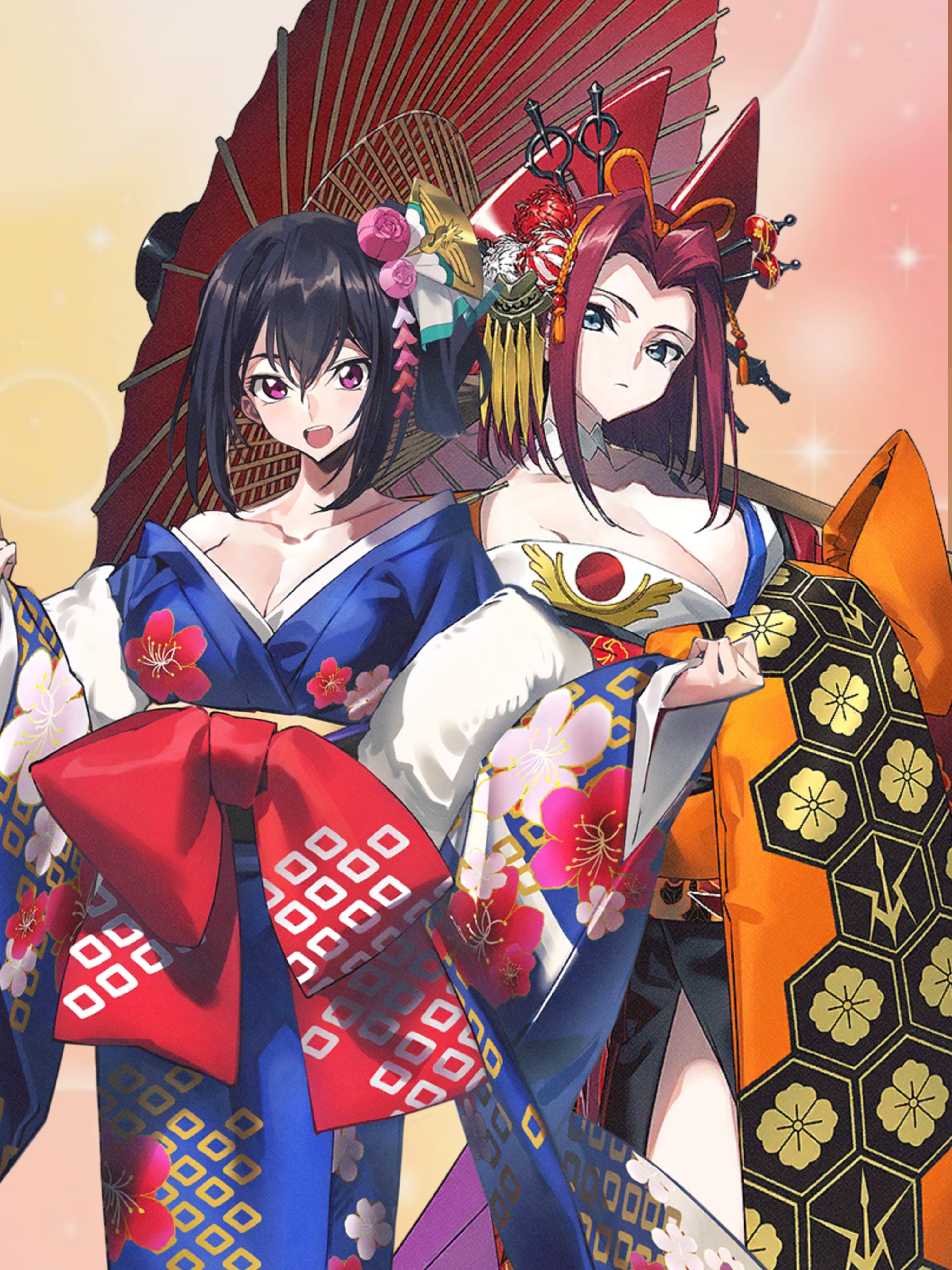 whoopin, kousaka ayano, kouzuki kallen, code geass, code geass: genesic re;code, absurdres, artist request, highres, official art, 2girls, alternate costume, bare shoulders, black hair, blue eyes, blue kimono, breasts, cleavage, expressionless, floral print, floral print kimono, hair between eyes, holding, holding umbrella, japanese clothes, kimono, looking at viewer, medium breasts, medium hair, multicolored kimono, multiple girls, oil-paper umbrella, open mouth, print kimono, purple eyes, red hair, red sash, sash, sidelocks, smile, teeth, umbrella, upper teeth only