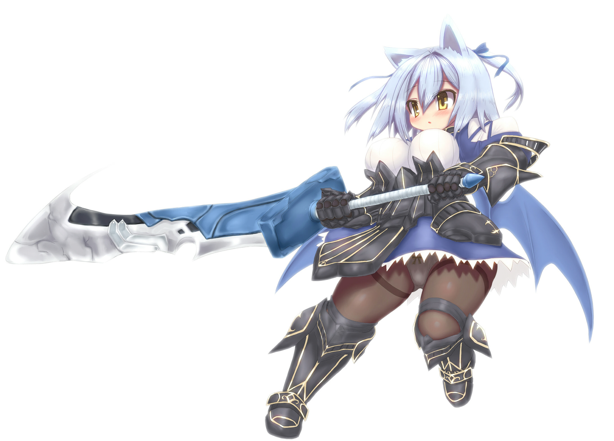 rafoll, emil chronicle online, highres, 1girl, alternate costume, animal ears, armor, armored boots, armored dress, armored gloves, bat ears, bat girl, bat wings, black boots, black gloves, blue bow, blue dress, blue hair, blue wings, boots, bow, breasts, brown thighhighs, delucky alma, dress, gloves, hair bow, holding, holding sword, holding weapon, huge weapon, large breasts, panties, pantyhose, pantyshot, solo, standing, standing on one leg, sword, thighhighs, two-tone dress, two side up, underwear, weapon, white background, white dress, white panties, wings, yellow eyes